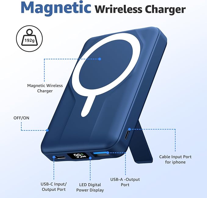 Azmuth Magnetic Power Bank,10000mAh for MagSafe Battery Pack, 22.5W PD Fast Charging,LED Display & Foldable Stand Wireless Portable Charger for iPhone 17/16/15/14/13/12/Pro/Pro Max/Plus,Sea Blue