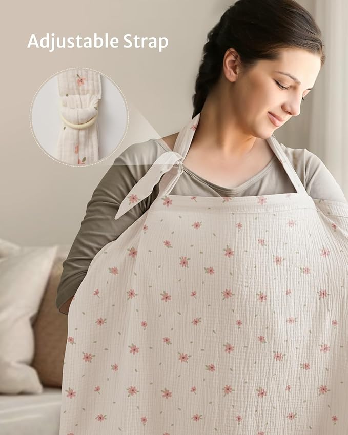 Blissful Diary Muslin Nursing Cover for Breastfeeding, Breathable Breastfeeding Cover up with Arch Neckline for Women, Nursing Apron (Pink Floral)