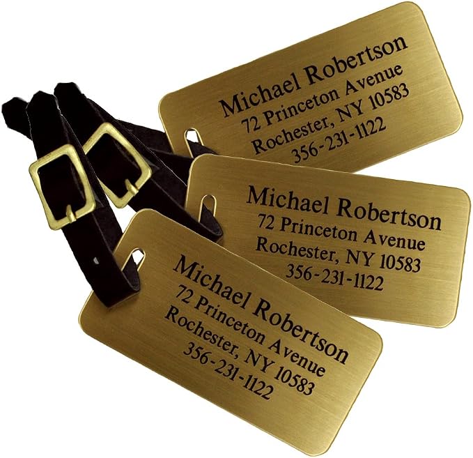 Personalized Brass Luggage Tag with Leather Strap – Custom Sublimated Travel Bag ID Tag for Suitcase, Backpack & Carry-On – Durable Metal Travel Accessory & Gift (3 Large Luggage Tags)