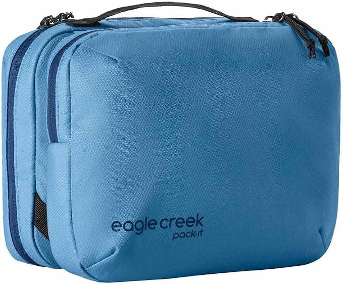 Eagle Creek Pack-It Trifold Toiletry Kit - Dopp Kit Toiletry Organizer with Padded Interior, Durable Hanging Hook & Large Compartments - Water Resistant & Washable - Blue Dawn