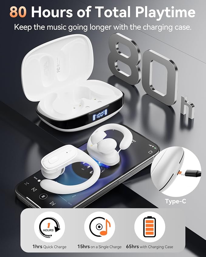 LEEMC Wireless Earbuds, Bluetooth Headphones 5.4, 80Hr Playtime Ear Buds with Hooks for Sports, Noise Canceling, LED Display, IPX7 Waterproof Earphones for Workout Running, Purewhite