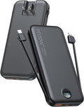 citicr Portable Charger 10000mAh PD20W w/Built-in Cables & Wall Plug Black | Fast charging, Built-in wall plug, LED display, Charge 5 devices at once, Pass through charging, TSA approved, Pocket size