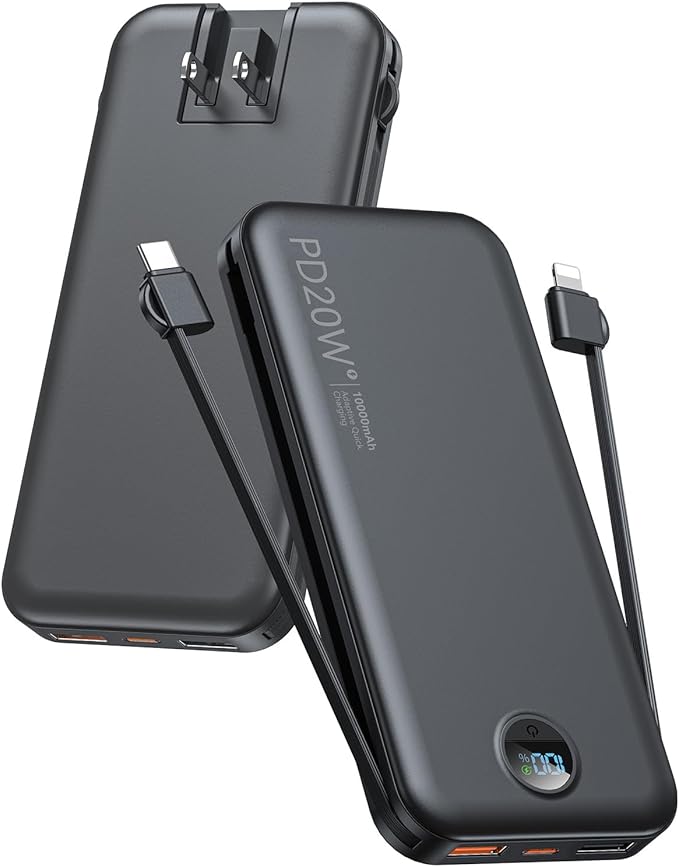 citicr Portable Charger 10000mAh PD20W w/Built-in Cables & Wall Plug Black | Fast charging, Built-in wall plug, LED display, Charge 5 devices at once, Pass through charging, TSA approved, Pocket size
