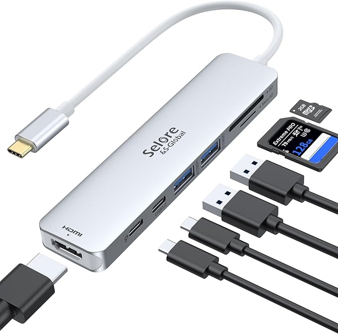 Selore&S-Global USB C Hub HDMI Adapter for MacBook Pro/Air, 7 in 1 USBC Dongle with HDMI, microSD/SD Reader, USB C Data Port,100W PD and 2 USB 3.0 Compatible for MacBook Pro/Air(Light Sliver)