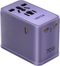 VINTAR 70W GaN Universal Travel Adapter, 5 in 1 with 3 USB-C PD& 1 USB-A QC | International Power Adapter with 70W GaN Fast Charging, All-in-one for EU UK USA AUS, Worldwide Travel Essentials, Purple