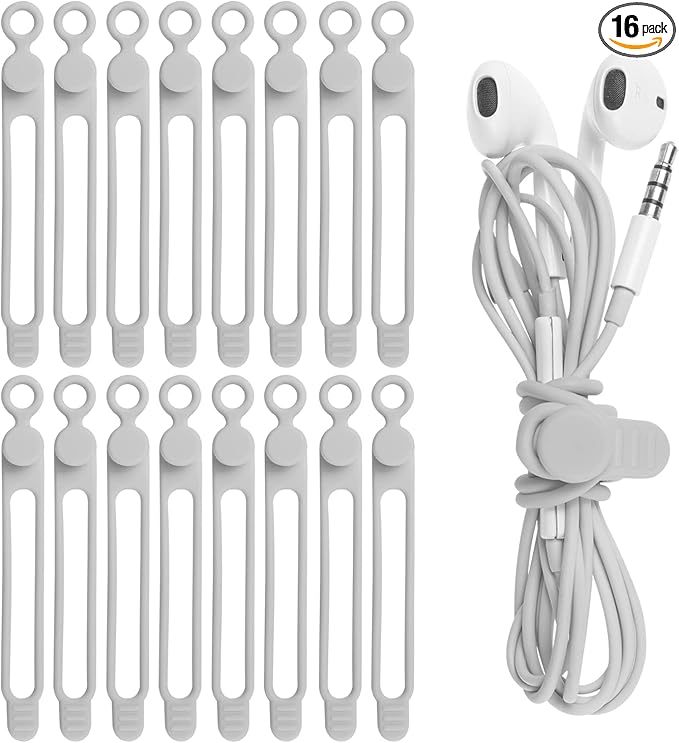 16Pcs Silicone Cable Straps Wire Organizer for Bundling Earphone, Phone Charger, Computer Cords, Reusable Cable Ties Cord Organizer in Home,Office,Kitchen,School(Grey)