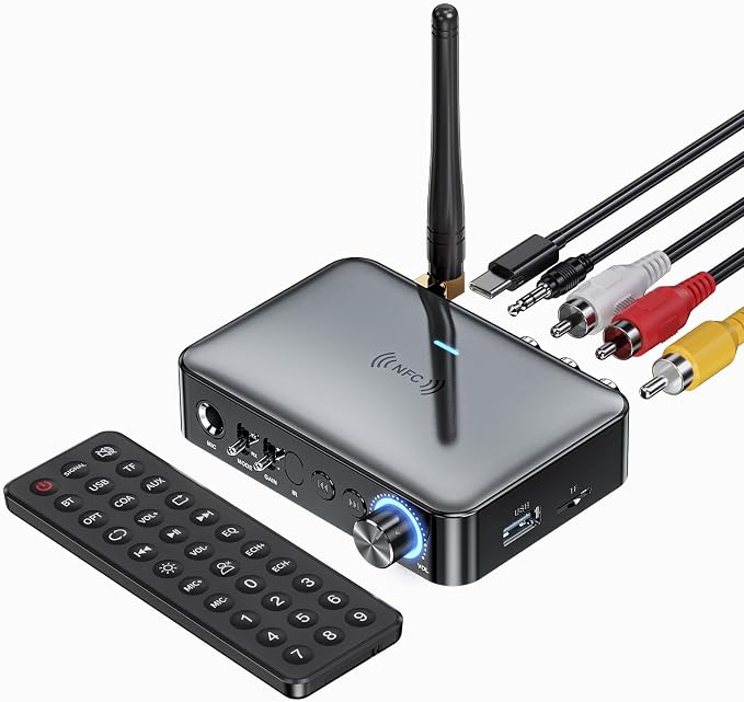 5.1 Bluetooth Audio Receiver Transmitter for Stereo/Speaker/Wired Speaker/Home Music Streaming Stereo Audio Adapter, Supports 3.5mm AUX, RCA, Coaxial, 6.5mm Microphone, USB, TF Card Playback