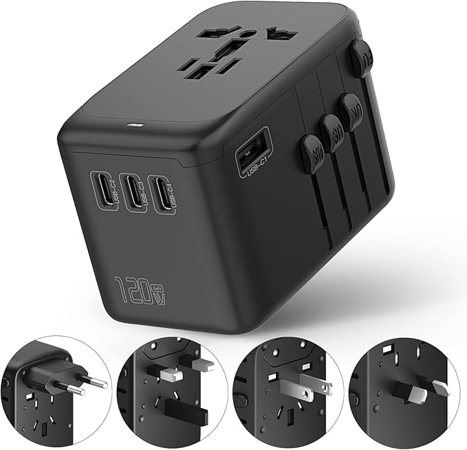 120W International Travel Adapter, 4USB-C & 1USB-A Worldwide Power Adapter, GaN Fast Charger with UK EU AU US Plugs, All-in-One International Converter for Tablets Phones