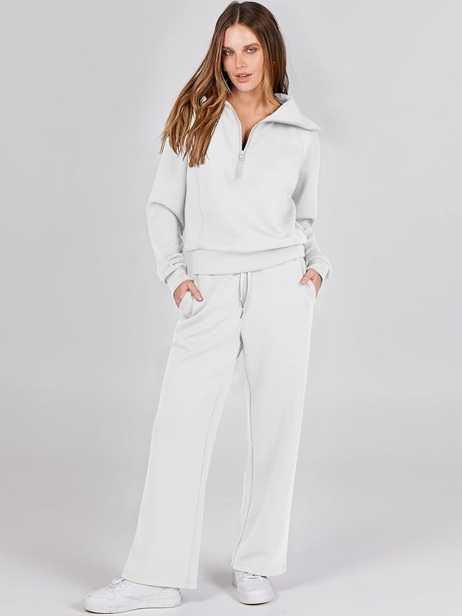 ANRABESS Women’s 2 Piece Outfits Half Zip Sweatshirt & Wide Leg Pants Airport Travel Lounge Matching Sets Sweatsuits Clothing