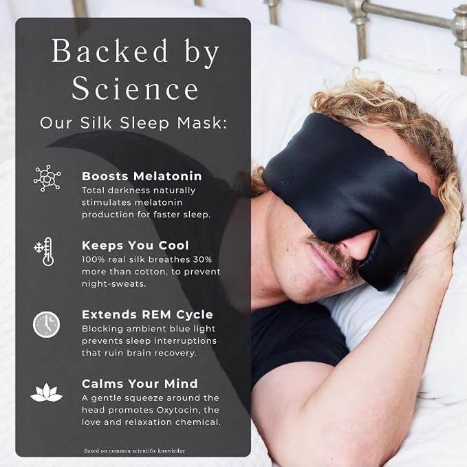 QUIET COVE Plush Luxury Silk Sleep Mask - Sleep Comfortably on Your Side - 22 Momme Mulberry Silk, Total Blackout, Luxe Cloud Filling Soothes Your Eyelids - Luxury Gift (Black)