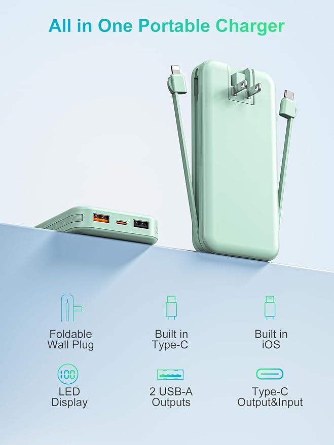 citicr Portable Charger 10000mAh PD20W w/Built-in Cables & Wall Plug Green | Fast charging, Built-in wall plug, LED display, Charge 5 devices at once, Pass through charging, TSA approved, Pocket size