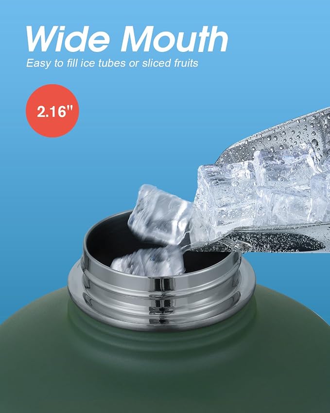 Coolflask 128 oz Gallon Water Bottle Insulated with Straw&3 Lids, Water Jug Large Stainless Steel Metal Vacuum Wide Mouth for Sports, Gym or Office, Non-BPA Keep Cold 48H Hot 24H, Dark Green