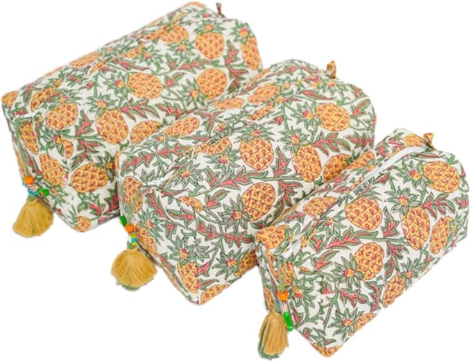 Saffron Marigold Quilted Makeup Bag Set of 3, Hand Block Printed Cotton Cosmetic Bags for Women, Waterproof Lined Travel Toiletry Bag, Coquette Aesthetic, Handmade Gift, Pineapple Grove