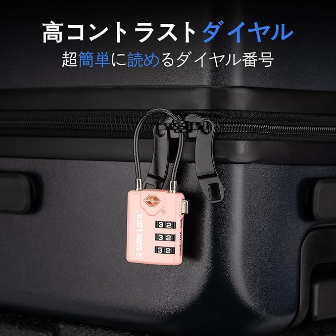 SURE LOCK TSA Approved Luggage Locks with Open Alert Indicator, 3 Digit Combination Cable Travel Lock for Suitcase, Backpack, Gym Locker, Toolbox & Travel Bag(2, Pink 2 Pack)