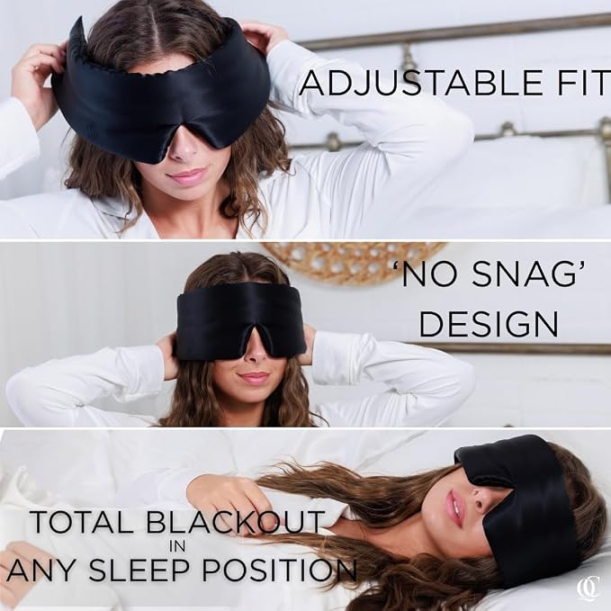 QUIET COVE Plush Luxury Silk Sleep Mask - Sleep Comfortably on Your Side - 22 Momme Mulberry Silk, Total Blackout, Luxe Cloud Filling Soothes Your Eyelids - Luxury Gift (Black)