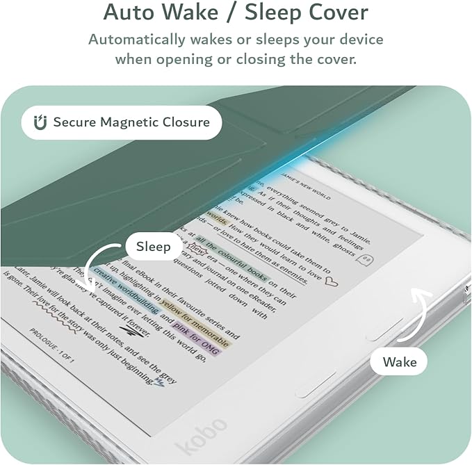 TUDIA M-FLIP Detachable Clear Magnetic Case for Kobo Libra Colour (2024) - [Auto Wake/Sleep] Shockproof Slim Transparent Back Magnetic Fold Cover with Stylus Holder (Dark Green)