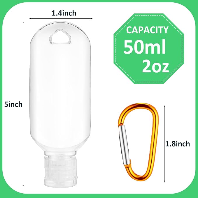 FairySandy 50 Pcs Traveling Bottles with Keychain 2oz Clear Plastic Hand Sanitizer Holder Keychain Empty Refillable Liquid Packing Container Squeeze Plastic Bottle with Lid,Rectangle