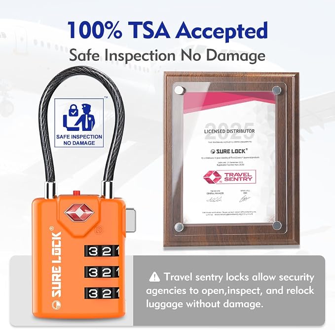 SURE LOCK TSA Approved Combination Luggage Locks with Open Alert Indicator – Durable Zinc Alloy Cable Travel Locks with Large Easy-Read Dials for Suitcases, Backpacks & Gym Bags Orange 4 Pack