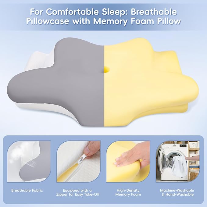 Cervical Neck Pillow, Memory Foam Pillows for Neck & Shoulder Pain Relief, 2 Heights Ergonomic Pillow with Breathable Ice Silk Cover, Neck Support Pillow for Stomach Sleepers Grey