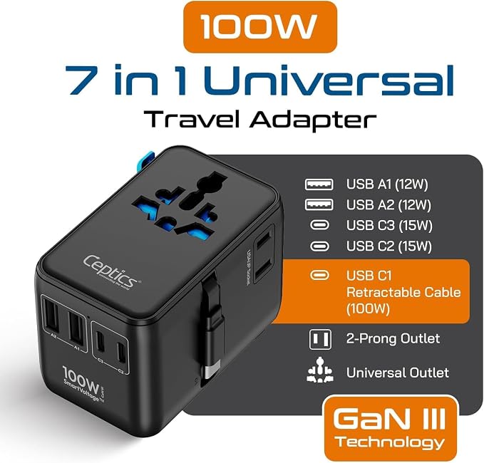 Ceptics GAN 100W Universal Travel Adapter with Retractable USB-C Cable, 2X USB-A & C, Universal Input and 1x USA/JP Input, 7 in 1 Universal Adapter for Worldwide Travel - Type A, C, G, I Output
