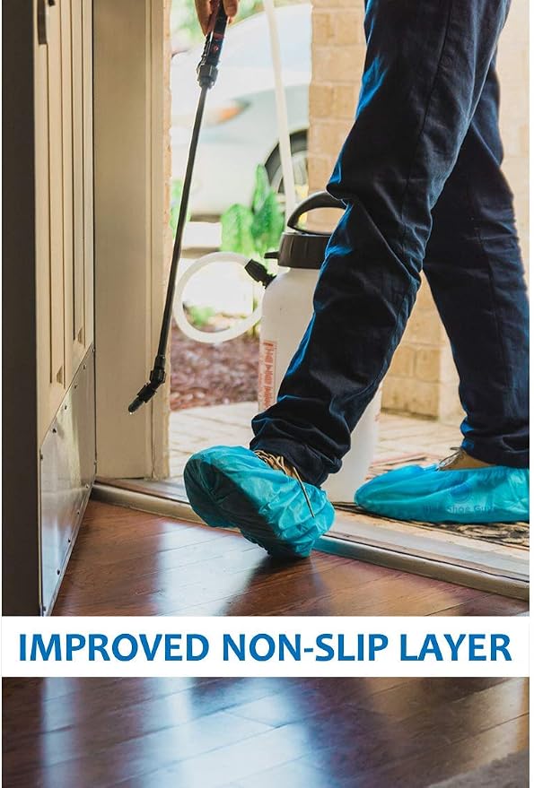 Blue Shoe Guys Premium Disposable Boot & Shoe Covers Booties | 100 Pack | Durable, Non-Slip, Non-Toxic, Water Resistant, Recyclable Protectors for Indoor & Outdoor | Large Size Fits Most Shoes