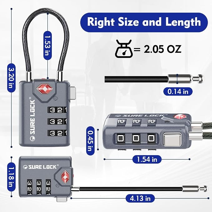 SURE LOCK TSA Approved Luggage Locks with Open Alert Indicator, 3 Digit Combination Cable Travel Lock for Suitcase, Backpack, Gym Locker, Toolbox & Travel Bag(Grey 2 Pack)