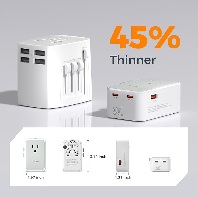 TESSAN Universal Travel Adapter 20W, Ultra Slim International Power Adapter with 2 USB-C 1 USB-A, Travel Plug Adaptor Worldwide for US to European UK Spain Italy England New Zealand (Type C G A I)