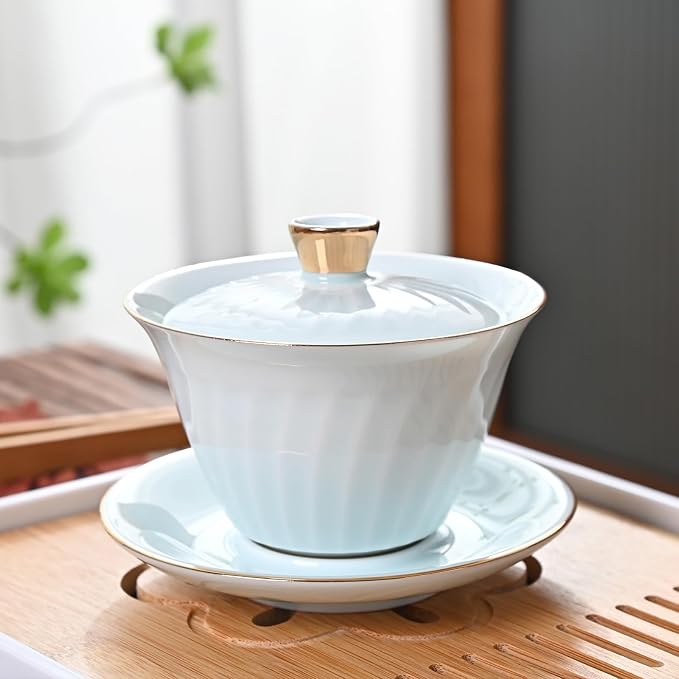 Chinese Tea Set, Gaiwan Tea Set with 6 Cups, Chinese Gongfu Teaset, Gold-plated Edge Craftsmanship(GaiwanB 6cups)