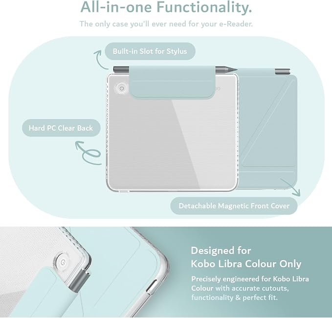 TUDIA M-FLIP Detachable Clear Magnetic Case for Kobo Libra Colour (2024) - [Auto Wake/Sleep] Shockproof Slim Transparent Back Magnetic Fold Cover with Stylus Holder (Baby Blue)