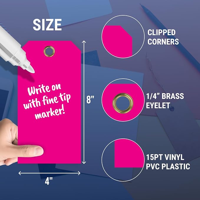 Tags 4 Less 15 Mil Waterproof Plastic Tags, Pack of 100 – 4” x 8” Heavy Duty Plastic Tags for Labeling, Outdoor Tagging, Equipment Labeling, Luggage, Valves & More (Fluorescent Pink)