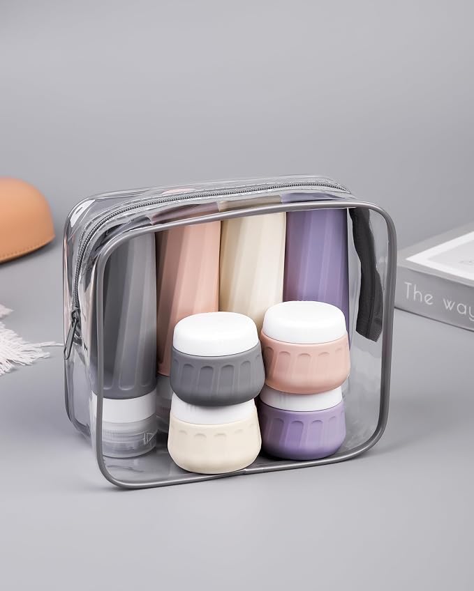 Mrsdry Travel Bottles for Toiletries 8 Pack, Travel Size Toiletries, Tsa Approved Travel Size Containers 3oz, with Travel Essentials Clear Bag, Leak Proof Silicone Squeezable Creams Jars