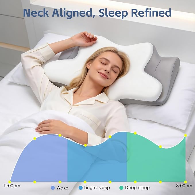 Cervical Neck Pillow, Memory Foam Pillows for Neck and Shoulder Pain Relief, 2 Heights Ergonomic Pillow with Breathable Ice Silk Cover, Neck Support Pillow for Side Sleepers White