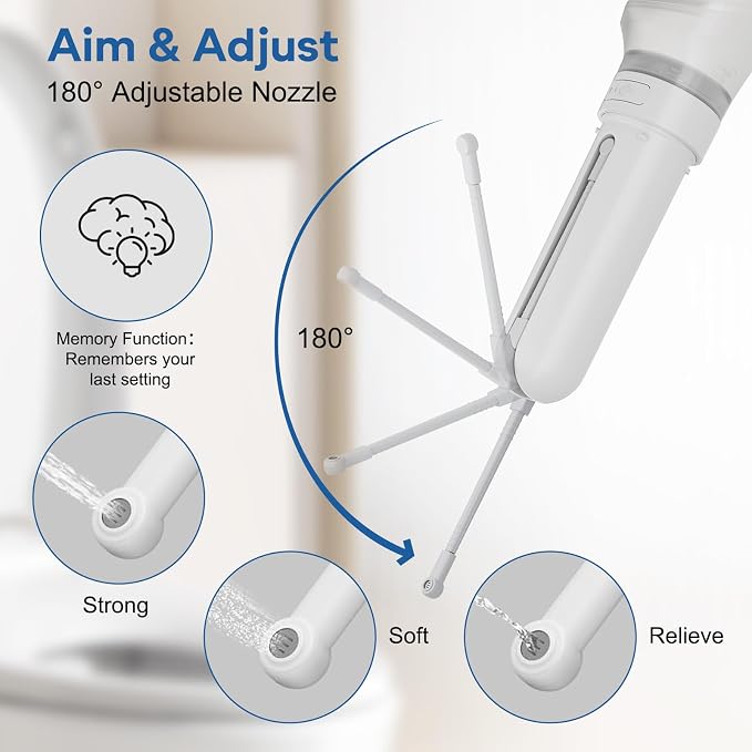 Portable Bidet for Travel & Foldable bottom buddy wiping aid for women, Electric Rechargeable 400ml Handheld Sprayer (3 Modes, IPX7, Type-C, 180° Nozzle) , Locking Clip, 2 Nozzles, Storage Bag (White)