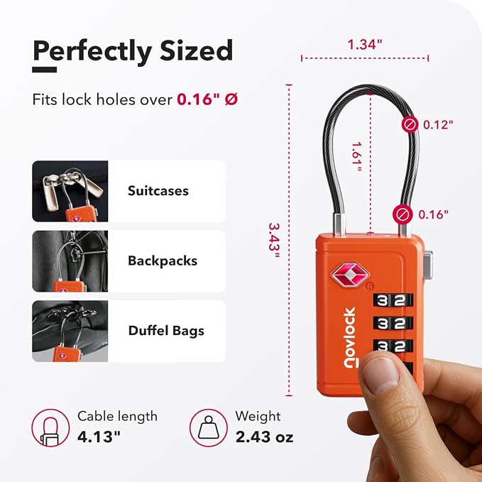 Luggage Locks TSA Approved with Inspection Indicator and Resettable 4-Digit, Easy-to-Read Combination, TSA Locks for Luggage, Suitcases, Backpacks & Travel Bags, Orange, 6-Pack