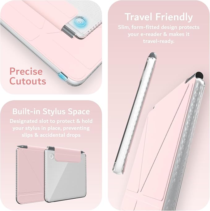 TUDIA M-FLIP Detachable Clear Magnetic Case for Kobo Libra Colour (2024) - [Auto Wake/Sleep] Shockproof Slim Transparent Back Magnetic Fold Cover with Stylus Holder (Pink)