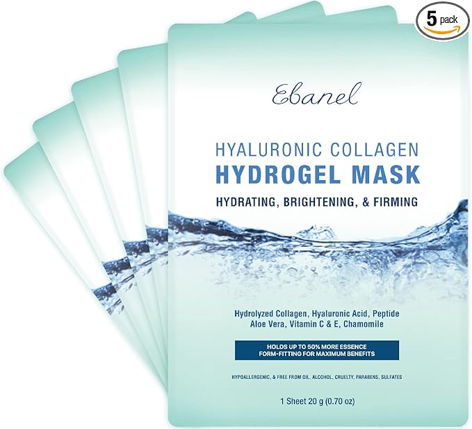 Ebanel 5 Pack Hydrogel Collagen Face Mask with Hyaluronic Acid, Vitamin C, Peptide, Aloe, Instant Brightening Hydrating Face Masks Skincare Korean Sheet Mask, Skin Firming, Lifting Anti Aging Masks
