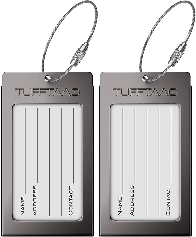 Luggage Tags Business Card Holder by TUFFTAAG - Durable Travel ID Bag Tag, Gunmetal Steel, 2 Tags
