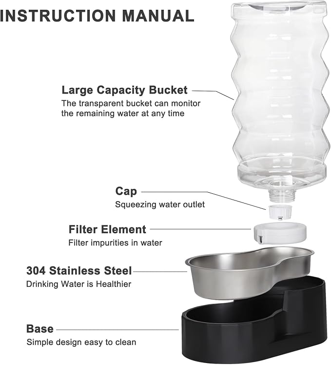 RIZZARI Black 9L Dog Water Dispenser with Stainless Steel Bowl - Advanced Filter for Urinary Health, Auto Gravity Flow, Spill-Resistant with Waterproof Mat, for Multi-Dog Homes & Garage/Balcony
