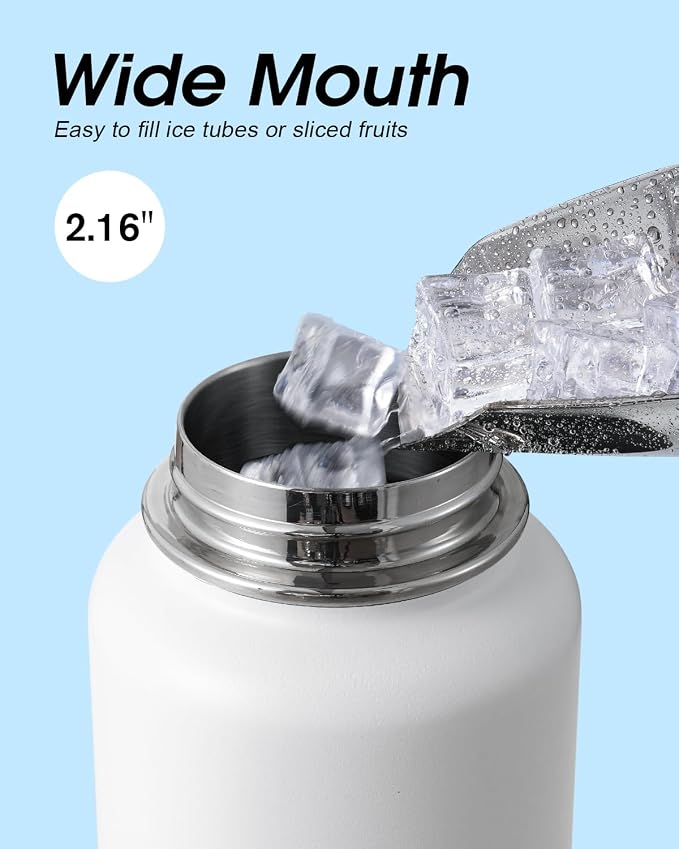 Coolflask Water Bottle 40 oz Insulated with Straw, Stainless Steel Metal 3 Lids Water Flask for Sports or Office, Keep Cold 48H Hot 24H, White & Black