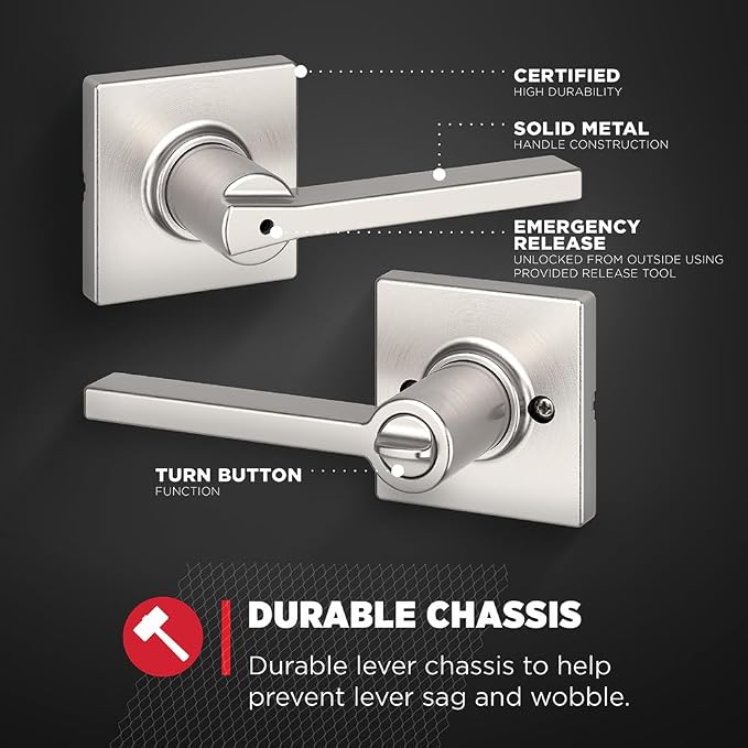 Kwikset Casey Interior Passage Door Handle 2 Pack, Lever for Closet and Hallway Doors, Reversible Non-Locking Handle Lever, Satin Nickel, with Microban Protection