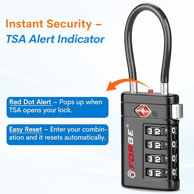Forge Open Alert TSA Approved Luggage Locks, 4 Digit Combination TSA Travel Locks with TSA008, Zinc Alloy Body for Luggage, Suitcase, Backpack, and More. Black 2 Locks.