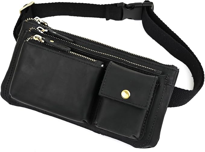 Water Resistant Canvas + Leather Hiking Riding Travel Fanny Waist Pack Small Phone Pouch For Men Women FB811-29 (100% Leather-Thick Black)
