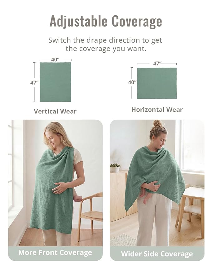 Blissful Diary Muslin Multi-Use Cloth - 4-in-1 Privacy Nursing Cover, Swaddle Blanket, Car Seat Cover, Burp Cloth, Portable Breastfeeding Essentials for Women, Baby Must Have (Roman Green)