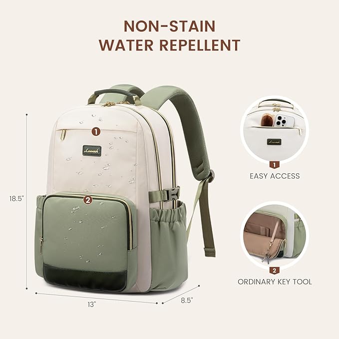 LOVEVOOK Laptop Backpack for Women with Pouch Pocket for Large Capacity Cup,17 Inch Laptop Computer Bag Travel Backpack Purse,Waterproof Work College Teacher Bags,White-Bean Green-Dark Olive Green