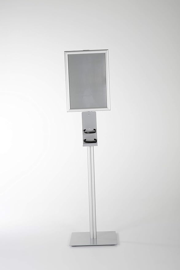 M&T Displays Floor Stand Universal Holder for Liquid/Lotion Soap or Hand Sanitizing Products, Face Mask, Disposable Glove, Facial Tissue with 11x17 Inch Opti Snap Frame Message Sign Post