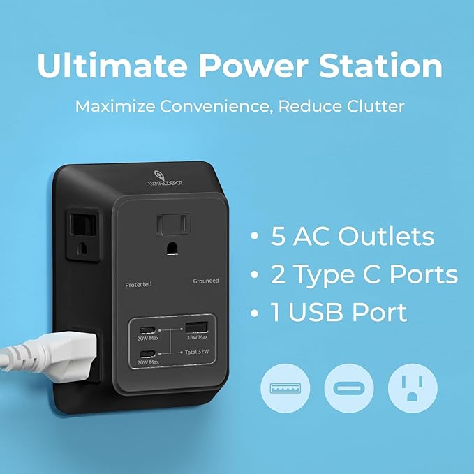 Travel Depot PD USB Wall Charger Surge Protector, 5 Outlet Extender 2 USB C & 1 USBA Charging Ports, Fast Charge 3 Sided Power Strip Multi Plug Outlets Wall Adapter for Home Office, ETL Listed (Black)