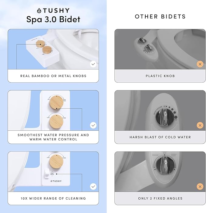 TUSHY Spa Warm Water Bidet Attachment for Toilet. Universal Fit, Easy Install (Requires Sink Access for Optional Temperature Control) Self Cleaning, Adjustable Pressure, Angle Control, Pink/Bamboo