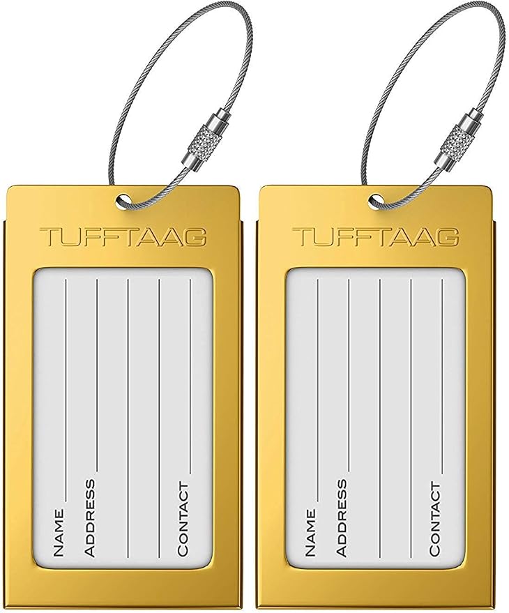 Luggage Tags Business Card Holder by TUFFTAAG - Durable Travel ID Bag Tag, Gold Aluminum, 2 Tags