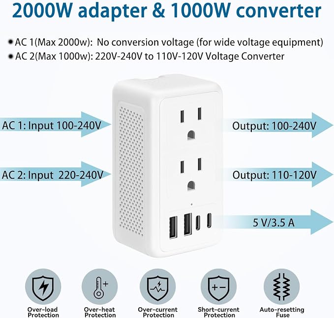 2000W 220V to 110V Voltage Converter US to Europe for Hair Dryer, Converter for European Travel, International Universal Travel Adapter (White)