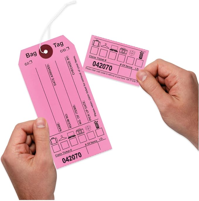 Pink Bag Claim Check Tags with Elastic string, Printed in Black ink with 8 labels & Matching Numbers For multiple bags. Hotel Bag Tags for Organizing Luggage. Size: 6 3/4" (H) x 2 1/2" (W). 1000 Tags.